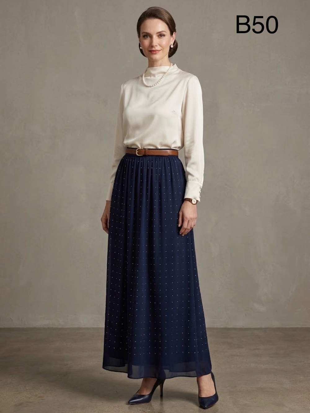 DR2 Elegant Navy Maxi Skirt with rhinestone Detail,Size Medium